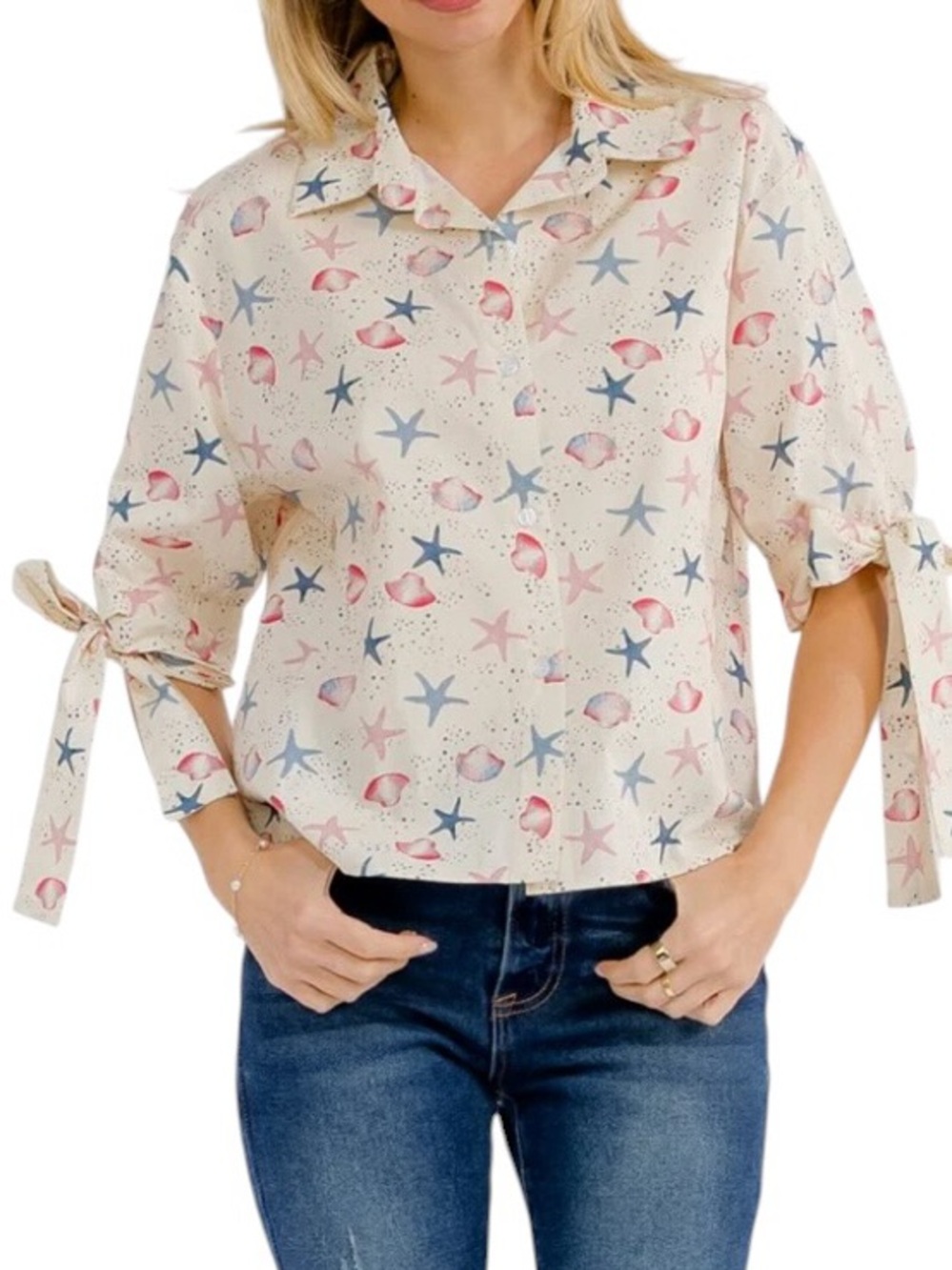 Cotton Coastal Seashell Starfish Print Button Down Knotted Elbow Length Sleeve